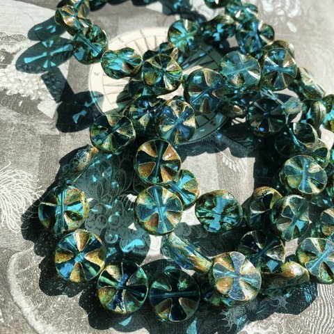 【4コセット】JIRI＊IVANA #czech beads#チェコビーズcross14㎜ marine blue/picasso