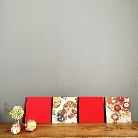 着物のファブリックパネル　ハレの日　アンティーク×赤（4枚セット）サスティナブル  インテリア  和　Kimono fabric panel interior ギフト　ひなまつり　古民家　和モダン