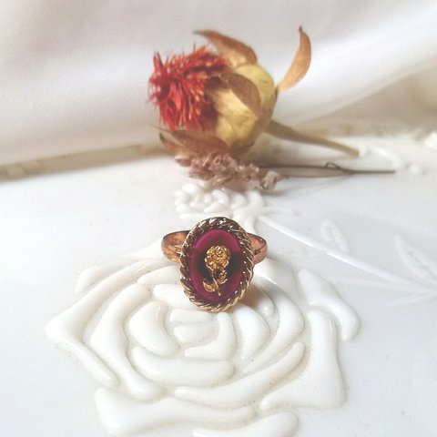 ♡再販⑥♡ vintage rose ring ヴィンテージローズのオーバルリング A ( ワインレッド・フリーサイズ)