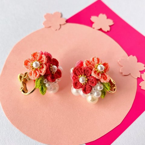 桜　パール　つまみ細工　イヤリング　ピアス