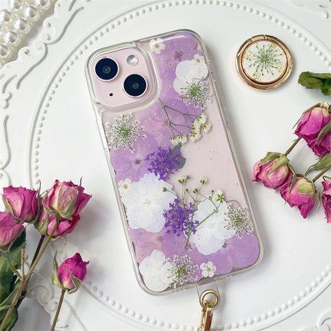 紫陽花とかすみ草、押し花スマホケース、全機種対応、ストラップホルダ一、iFace風、手帳型、iPhone14、iPhone14Pro、iPhone14plus、iPhone13、iPhone12