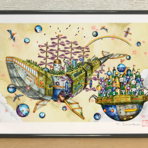 『クジラ型飛行船と浮遊都市』デジタル版画 A4サイズ　（作品のみ） 飛行船 クジラ 水彩画 イラスト ファンタジック インテリア