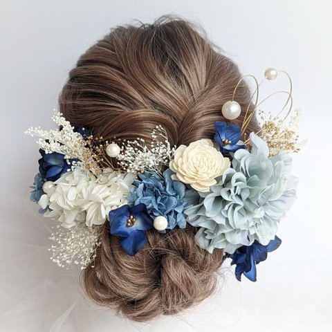 髪飾り 成人式 結婚式 卒業式 ドライフラワー 青 水色 パール RM04