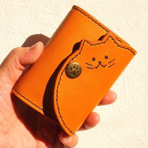 コゲちゃん　小銭入れ　栃木レザー　キャメル　手縫い　本革　皮　 Leather　猫 送料無料