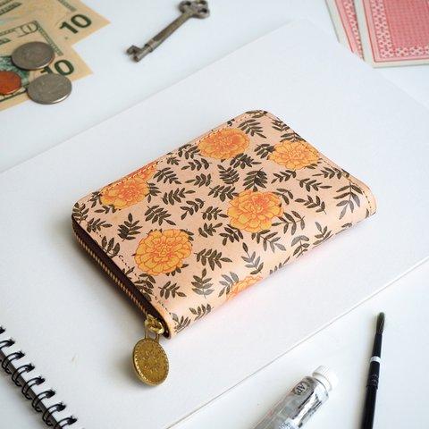 ラウンドファスナー コンパクト財布（マリーゴールド）牛革 レディース 小さい ミニ 財布 花柄