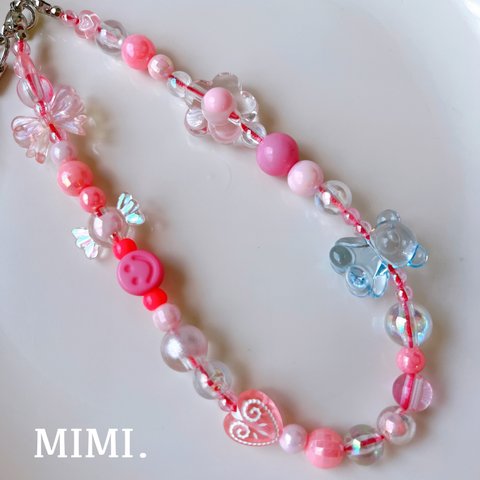 ビーズストラップ🩷スマホストラップ🎀スマホビーズストラップ🧸pink🍬/MIMI.☺︎