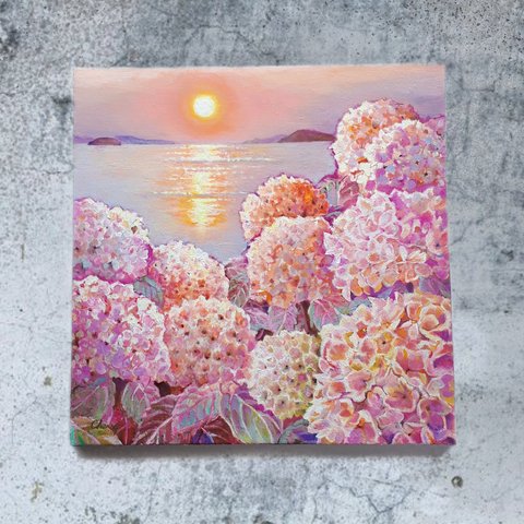 瀬戸内海の夕日と紫陽花
