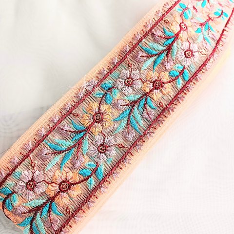 【50cm】【65mm幅】【シェルピンク】インド刺繍リボン　 フラワー　花柄　淡い色　レース　ハンドメイド　DIY R002-1
