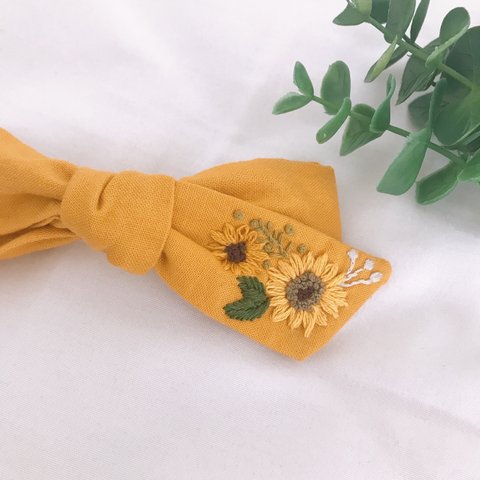 花 刺繍 リボンバレッタ mustard sunflower
