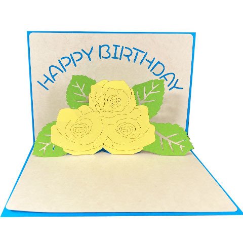 ポップアップグリーティングカード　Happy Birthday 淡黄の薔薇　ブルー