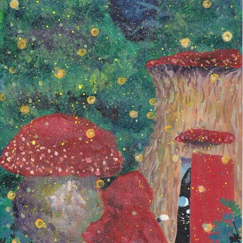 自作絵　【夜の来訪者】visitor at night  ///  acrylic painting  dreamy  moonlight night  cats  forest    origina