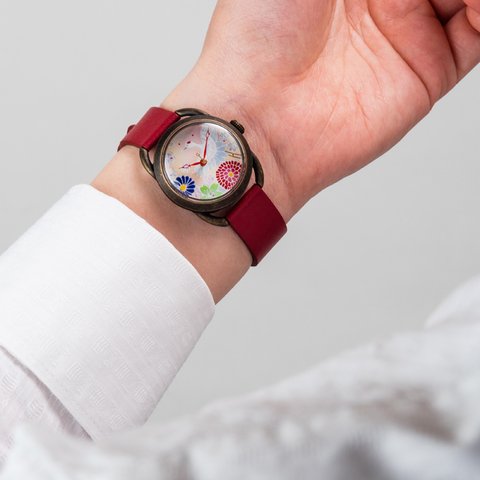 「花と鶴」金彩作家デザイン／和柄／ベルトカラー8色／名入れ可　母の日　手作り腕時計