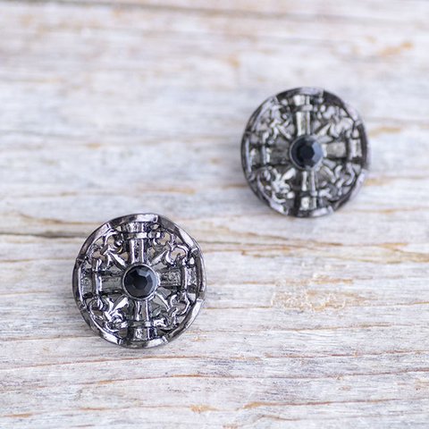 【十字架×クリスタル】メタルボタン ＃BT259 １穴 18mm C/#BN ブラックニッケル×クリスタル 　5個セット