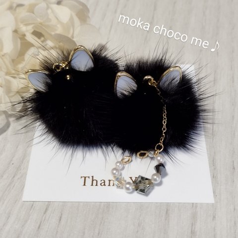 SALE♪スワロフスキーと黒猫ファーのイヤーカフ♡