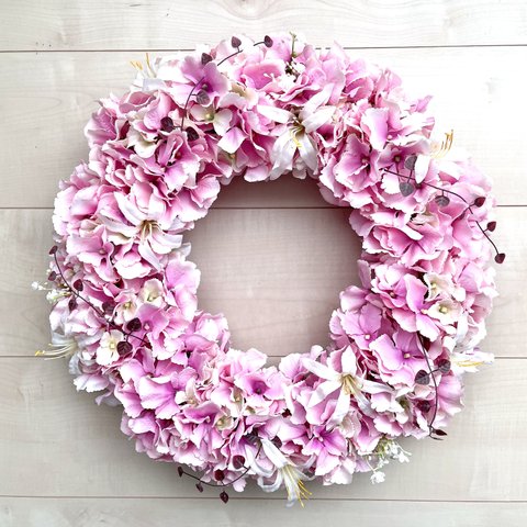 No.wreath-15343★ピンクあじさいのリース　　40cm・アートフラワー/造花リース/大型リース
