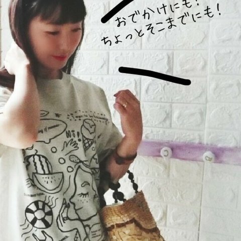 アトリエichiオリジナル！夏をぎゅっと詰め込んだ✨楽しいプリントtシャツ※生地色オートミール×ブラック