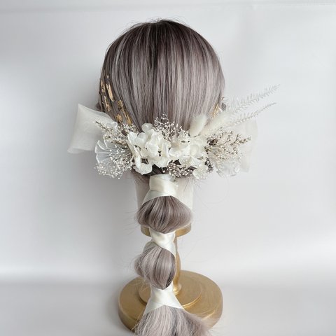 H001/ホワイト&金箔ゴールド豪華18点set ヘッドドレス　髪飾り ヘアアクセサリー ドライフラワー プリザーブド花飾り 水引き 成人式 卒業式 結婚式 金箔  ヘア