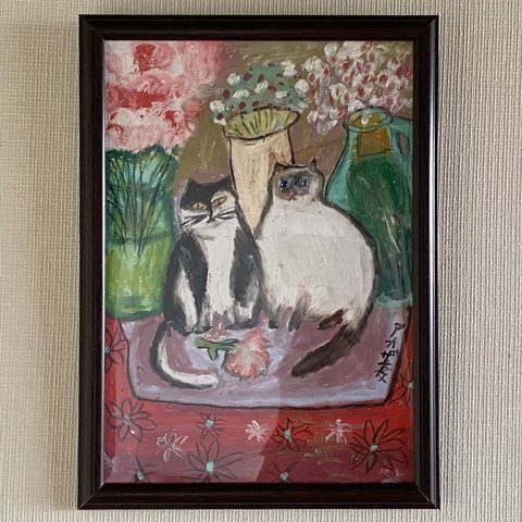 絵画。壁掛け絵原画手描き【猫ちゃんは美しい花で愛情のデートを表します】