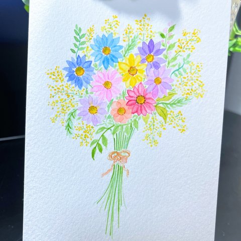 水彩画　絵画　原画『マーガレットとミモザの花束』