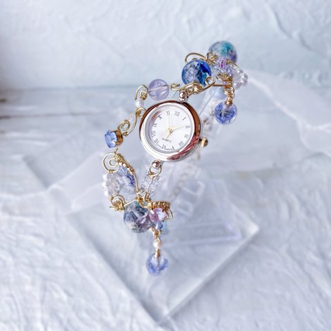 パープルブルー　お花の時計　ブレスレットウォッチ　