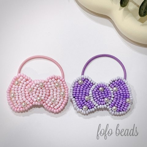 ♡NO.6  2個セット！リボン型ビーズ刺繍ヘアゴム♡