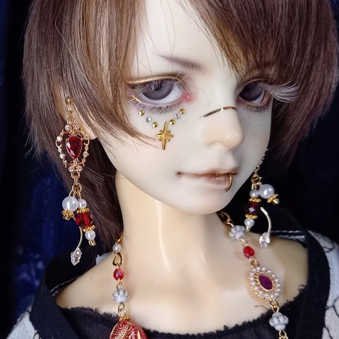 ●イヤリング Brilliant Pearl 赤 ● 1/3ドール向け ノンホールピアス