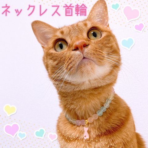 猫の首輪🐈すりガラス風ビーズ✨ネックレス首輪♡猫のチャーム🐱