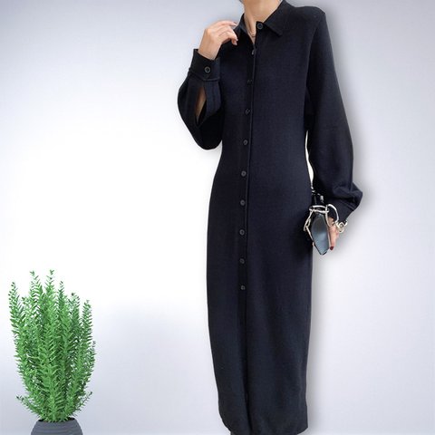 【黒】 ワンピース 手編み モヘア ウール 開襟ネック セーター ニット ● フォマール 通勤 ゆったり 柔らかい