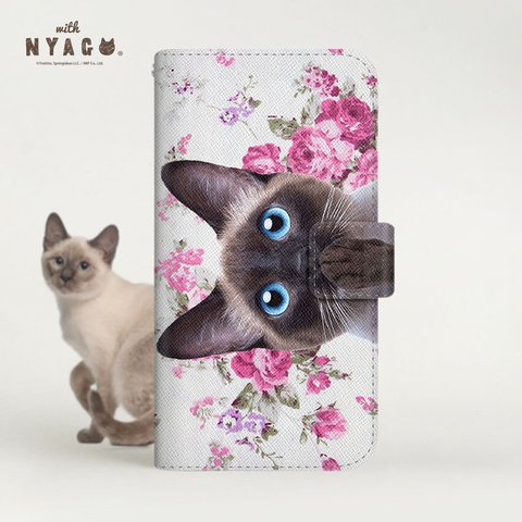 猫のスマホケース NYAGO 手帳型ケース 全機種対応 ［ チャコちゃん 肉球をペロペロにゃ～。サマーフラワー ピンク ］No.2S2727