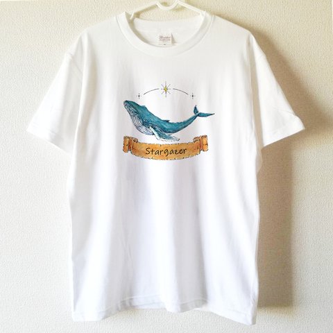 【送料無料】星を眺めるザトウクジラの白Tシャツ～子供から大人までみんなで使える13サイズ～