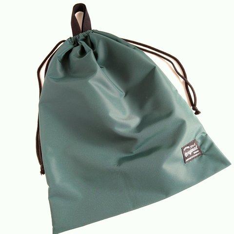 40×33　撥水加工ナイロン　ディープグリーン　持ち手・名前タグ付き　巾着　着替え入れ・プールバッグにも！