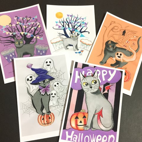 送料無料 ハロウィン 猫のポストカードセット 5種 各1枚  イラスト 絵 絵画 アート ハッピーハロウィン 絵葉書 絵ハガキ 絵はがき