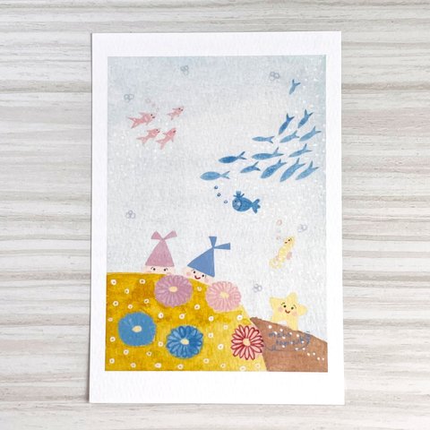 (小)透明水彩画 「小さな水族館」 ポストカード2枚セット　絵ハガキ　海　魚　かわいい　癒し　インテリア