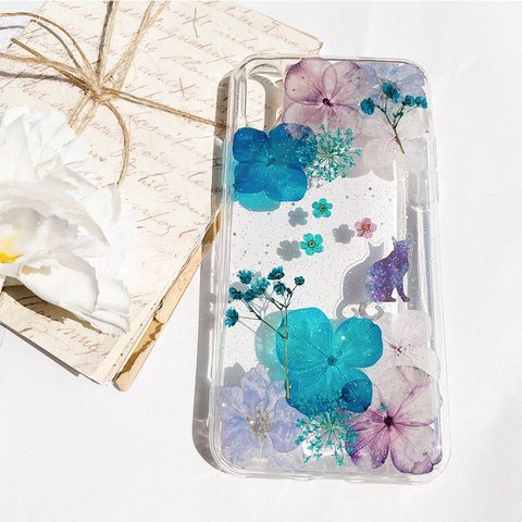 本物の押し花 押しフルーツ  アジサイ   デルフィニウム 千鳥草 ちどりそう ハンドメイド スマホケース iPhoneケース Galaxyケース