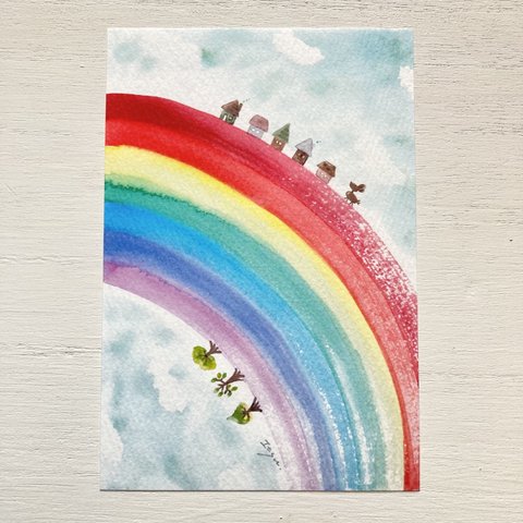 🌈透明水彩画「幸せの虹の街」イラスト ポストカード 2枚セット  メッセージカード　バースデーカード🌈