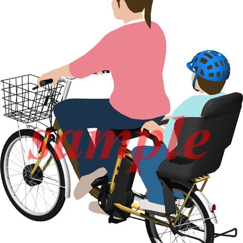 サイクリングする母親と子供「電動自転車」の背景透明イラスト023