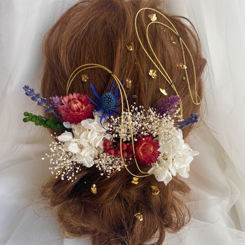【人気作品・いいね2000超】金箔とお花のセット　成人式　卒業式　結婚式　髪飾り　プリザーブドフラワー　