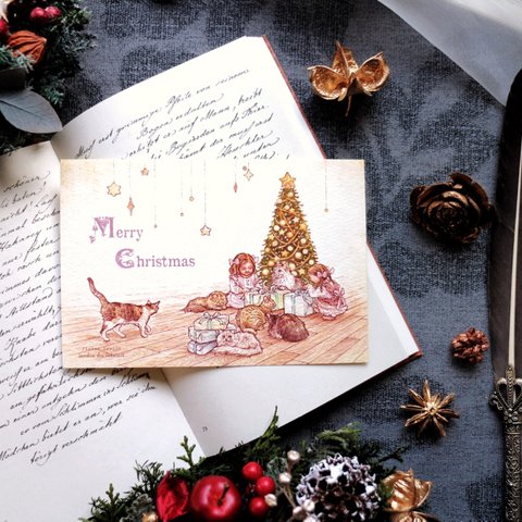 アンティーク調ポストカード『クリスマスの贈り物 （猫〜箱は私たちのものだよね♪）』 ２枚セット  