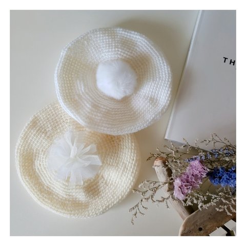 【再再販】baby&kids❤︎ボンボンベレー帽❤︎チュールベレー帽♡new born♡knit♡