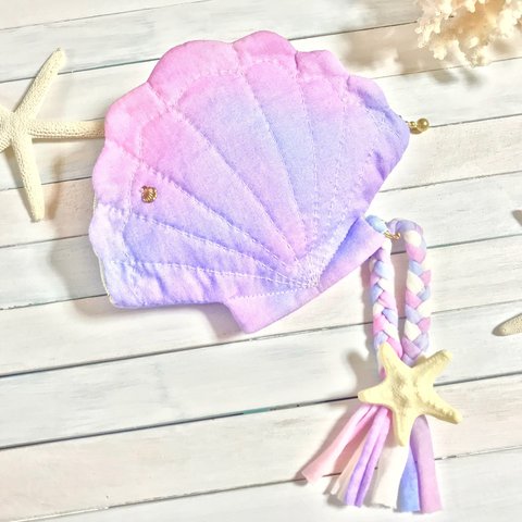 【一点物】太陽染め・人魚姫のシェルポーチ 　サンセット・ビーチ