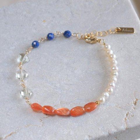 Orange sunstone bracelet：天然石ブレスレット 淡水パール×サンストーン×グリーンアメジ