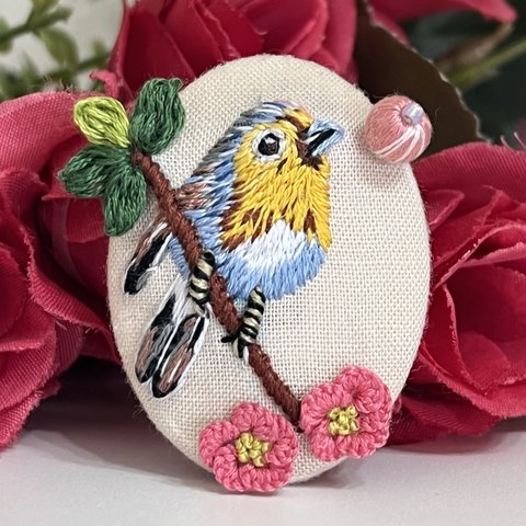 刺繍ブローチ　ヘアゴム　ハンドメイド　鳥　花　