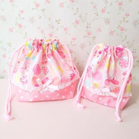 リボンちょうちょのお弁当袋＆コップ入れ☆ピンク☆