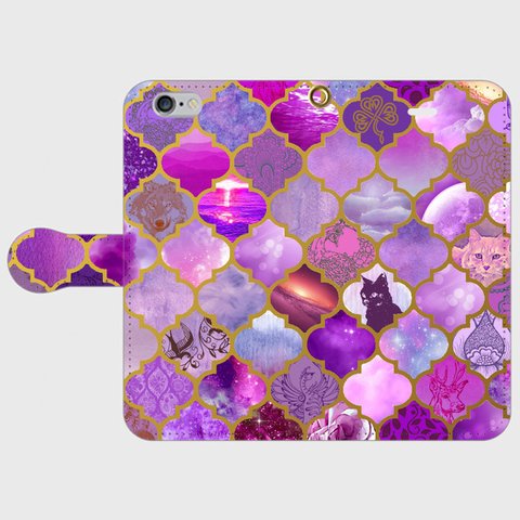 アラベスクタイルパターン（dawn　purple）　iphone　5s/6/6s/SE/7/8/X/XS　手帳型スマホケース