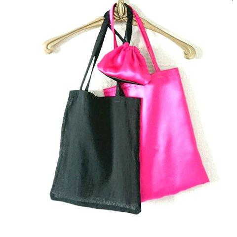 魔女 の エコバッグ 恋Pink × Black コンパクト ミニ巾着袋付き 3点セット ピンクA4