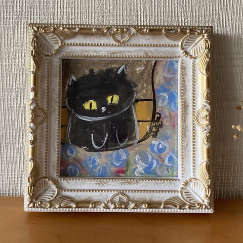 絵画。原画手描き【黒猫と庭の青い妖姫バラ】