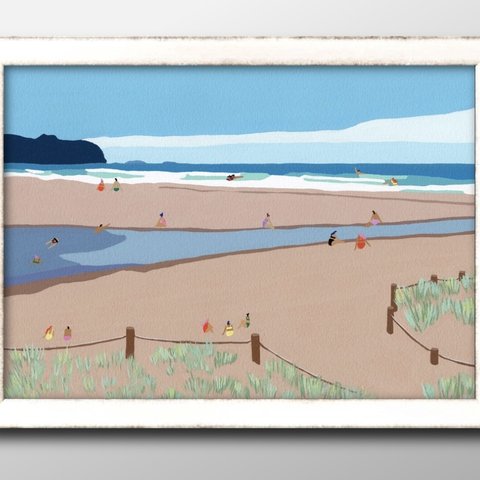 13888　■　A3　アートポスター『夏の風景　ビーチ　砂浜　サマー』絵画　イラスト　デザイン　マット　北欧