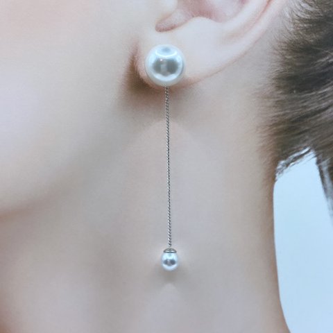 12mm × 6mm パール バックキャッチ チェーン ピアス #66 入学式　卒業式　結婚式　花嫁　揺れる　大ぶり　大ぶりパール　2連パール　3連パール　お出かけ