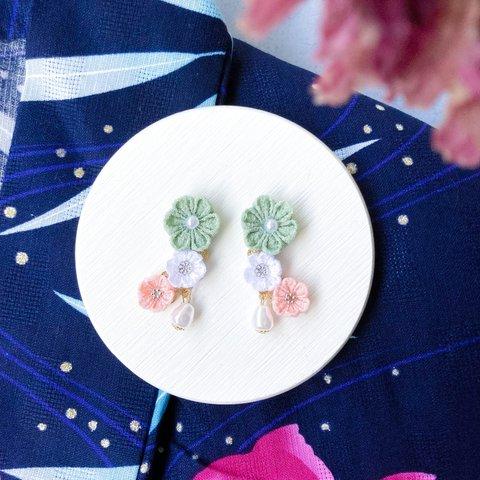 浴衣に合う♡お花ピアス／イヤリング（グリーンver） つまみ細工夏