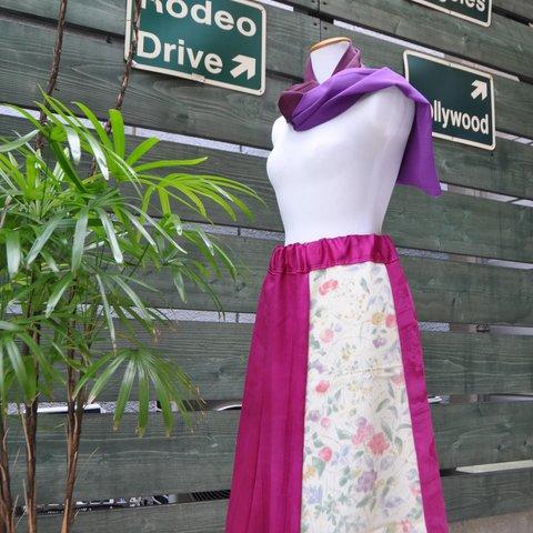 小花柄豪華　ショッキングピンク　スカート　春の古典柄スカート　着物リメイク　　